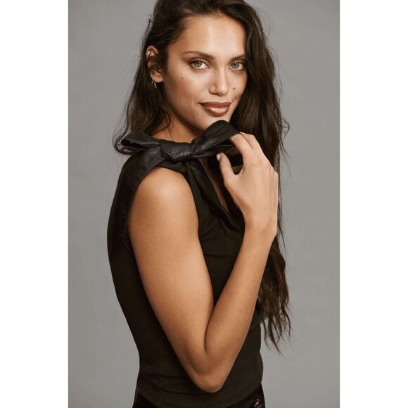 NWT Maeve Anthropologie Leather Bow strap tank top black XS - Picture 2 of 15